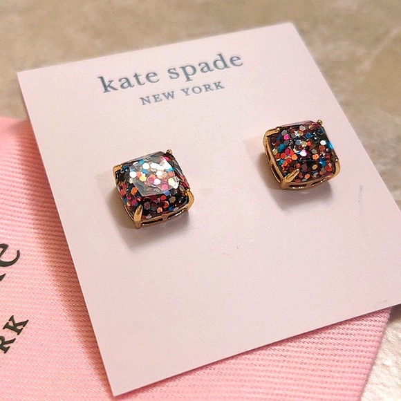 NEW Kate Spade Mini Small Square Stud Earrings in Multi Glitter/Gold - Picture 7 of 8